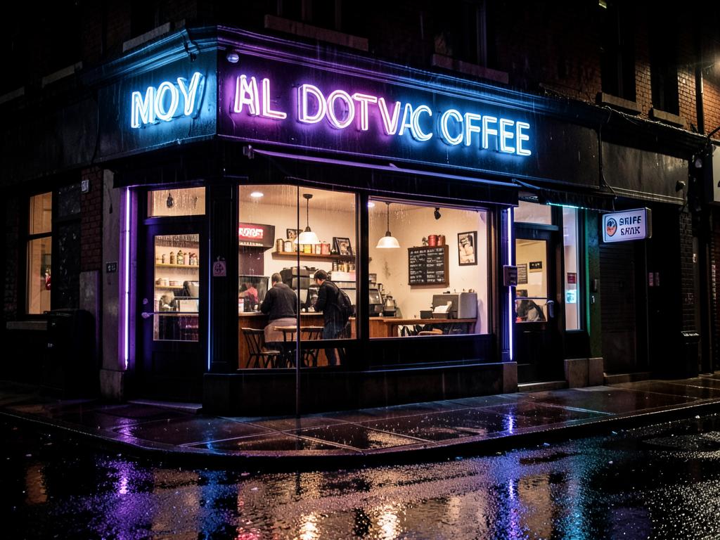 Neon-lit local coffee shop storefront at night