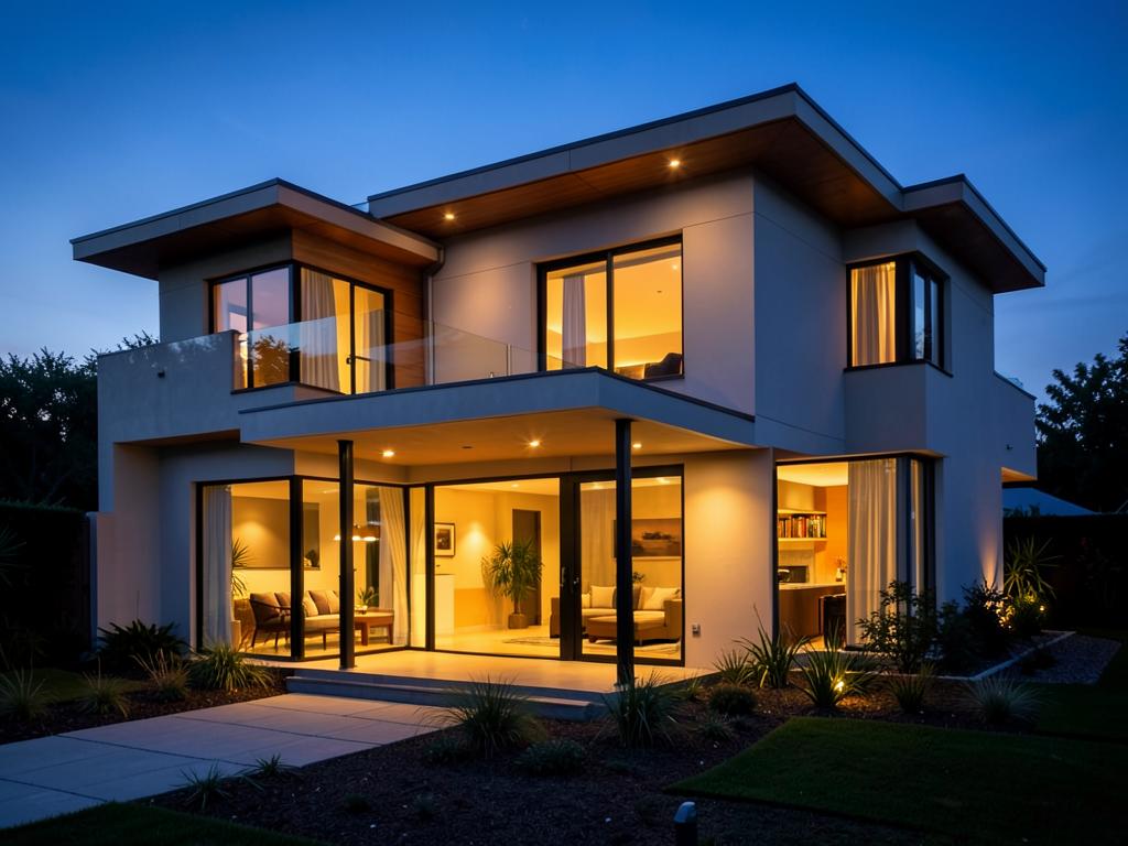 Modern home at dusk with warm interior lights glowing